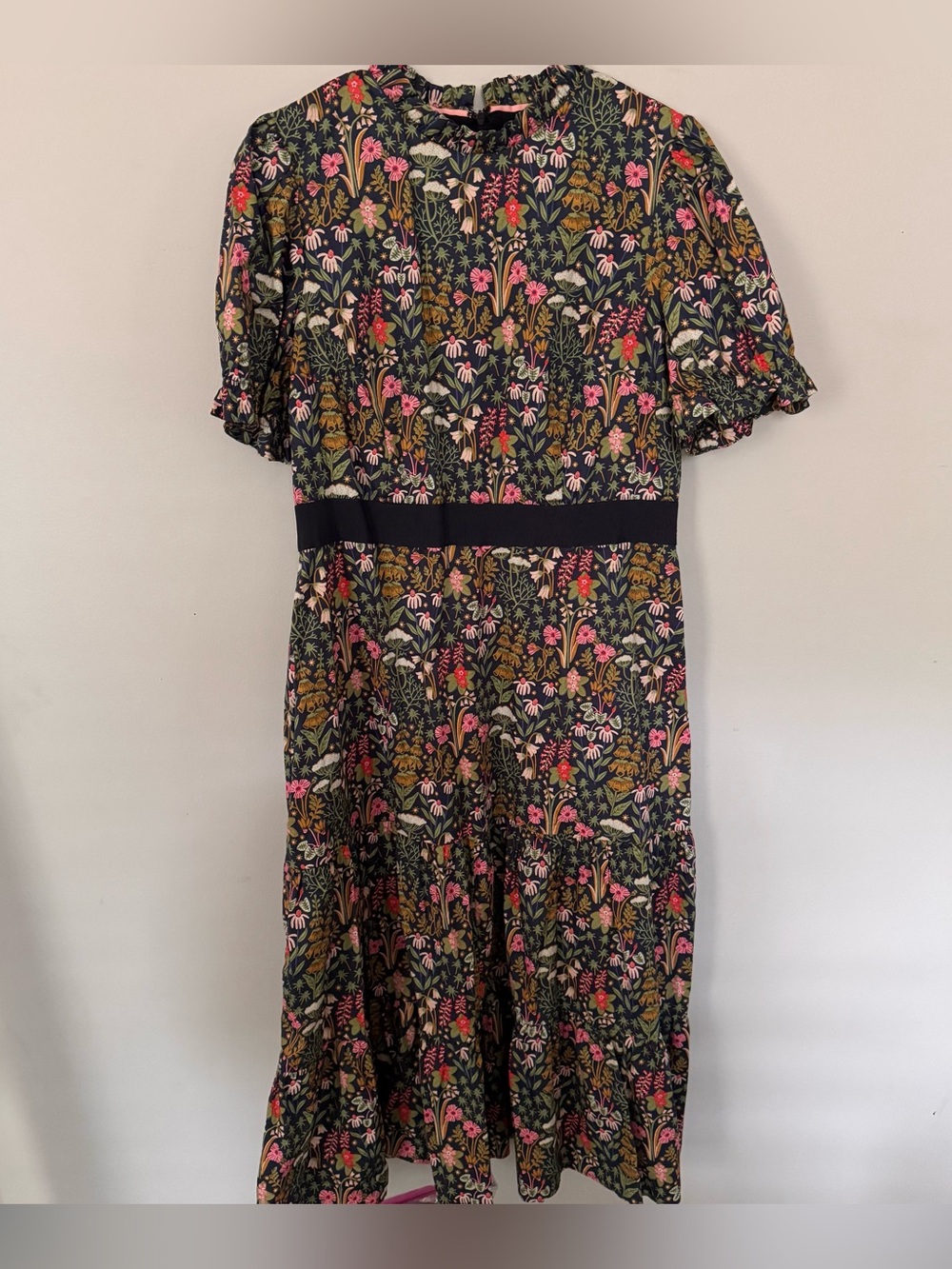 Boden Floral Midi Dress Navy Pink Short Sleeve Ruffle Trim Cotton US 12